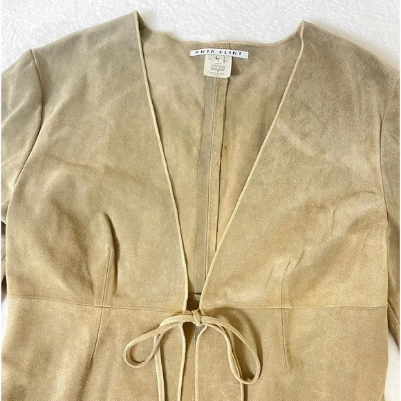 ANJA FLINT Leather Suede Size L Duster Cardigan Tie Up Khaki Neutral Lagenlook - Picture 2 of 13
